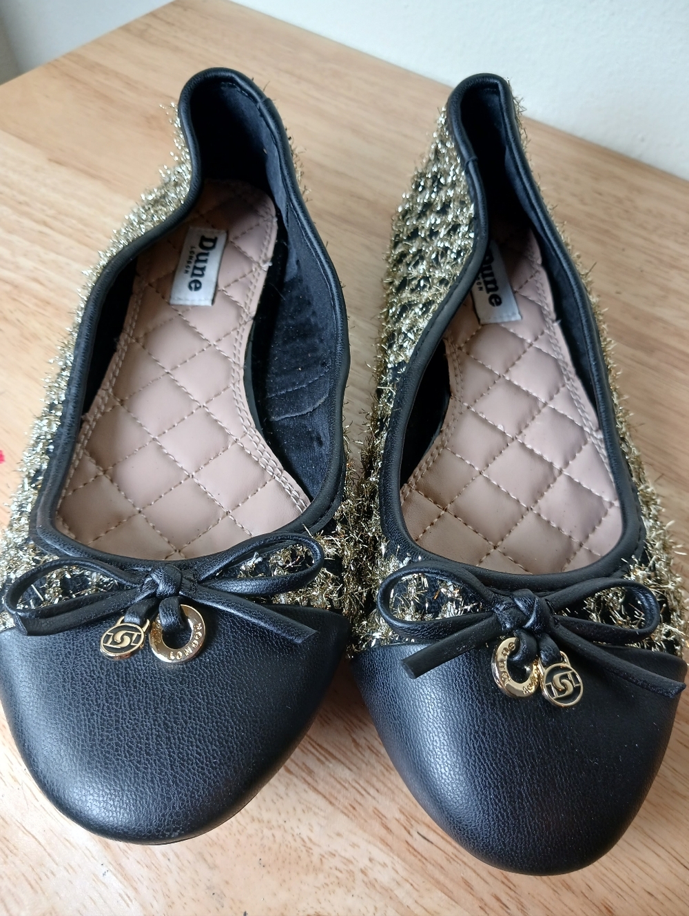 Dune Black & Gold Tweed Ballet Flats with Charm Detail